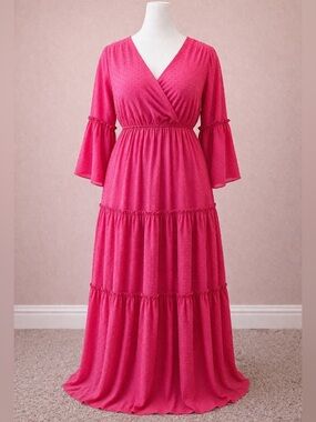 Plus Size 1X Pink Swiss Dot Maxi Dress Boho Tiered Bell Sleeve NWOT
